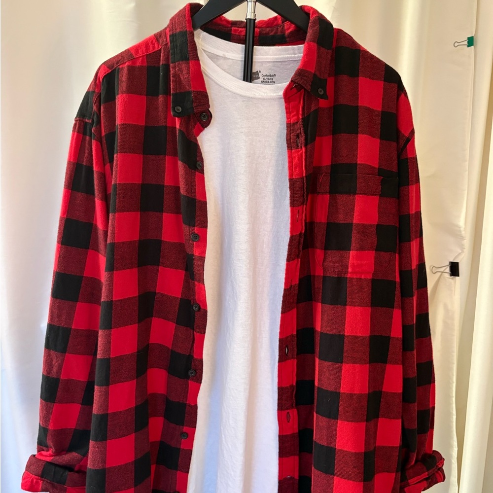 St. John's Bay Red and Black Plaid Men's Flannel Shirt.